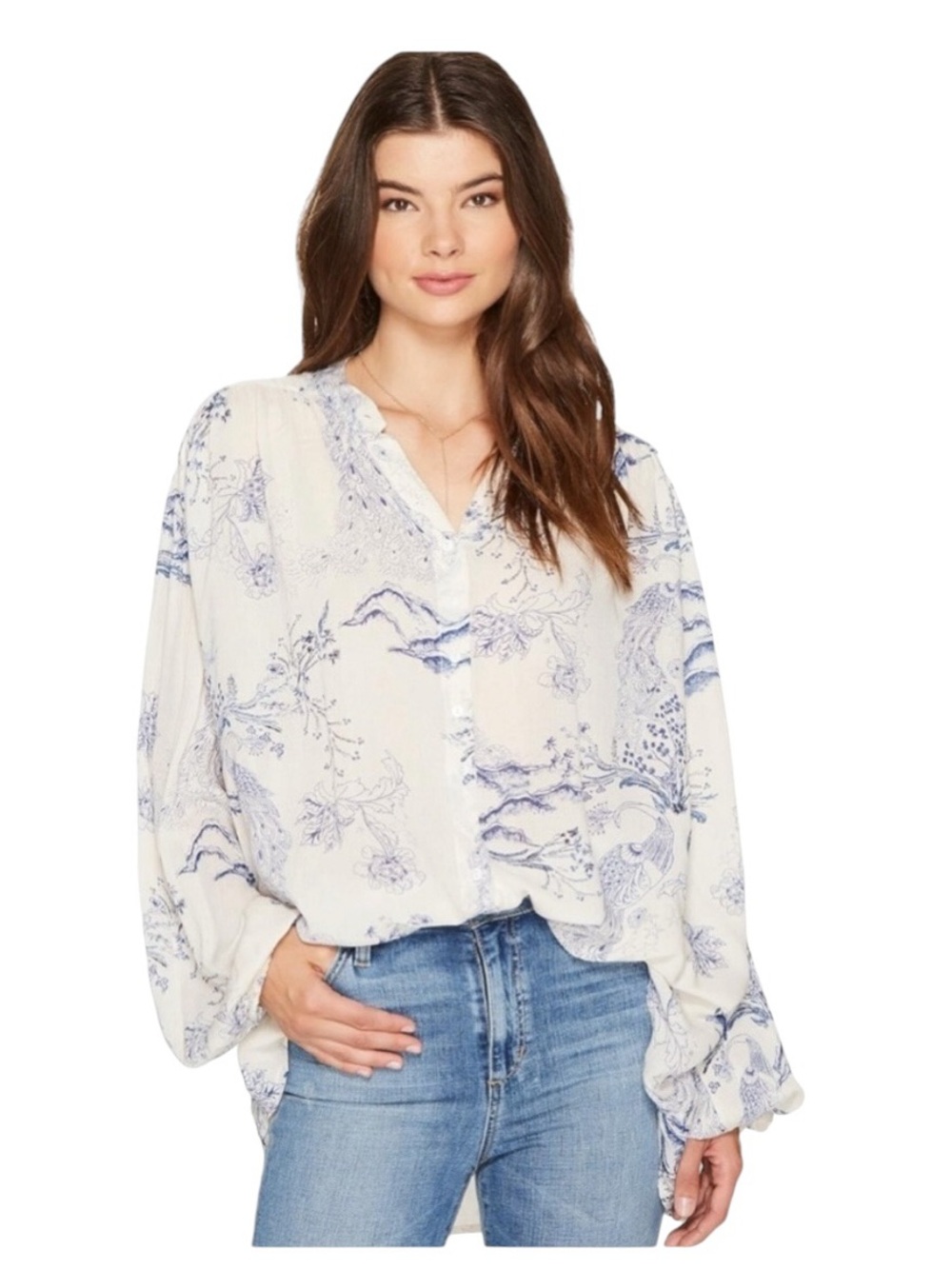 Free People Ivory Blue Toile Peacock Bloom Flowy Tunic Blouse Small